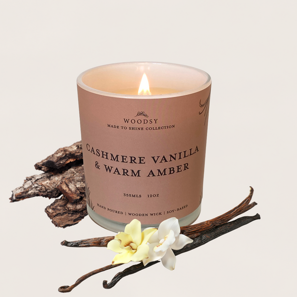 Cashmere Vanilla & Warm Amber - 12oz, Soy Candle Wooden Wick