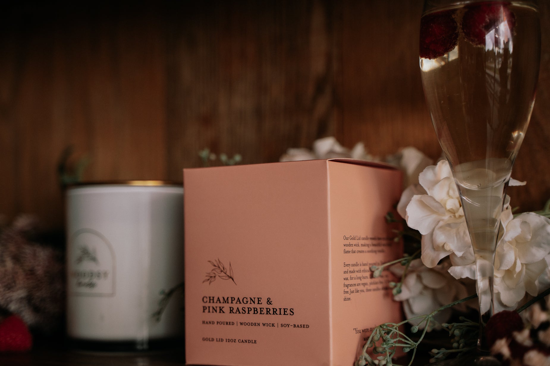 Champagne & Pink Raspberries l Gold Lid Candle & Boutique Box