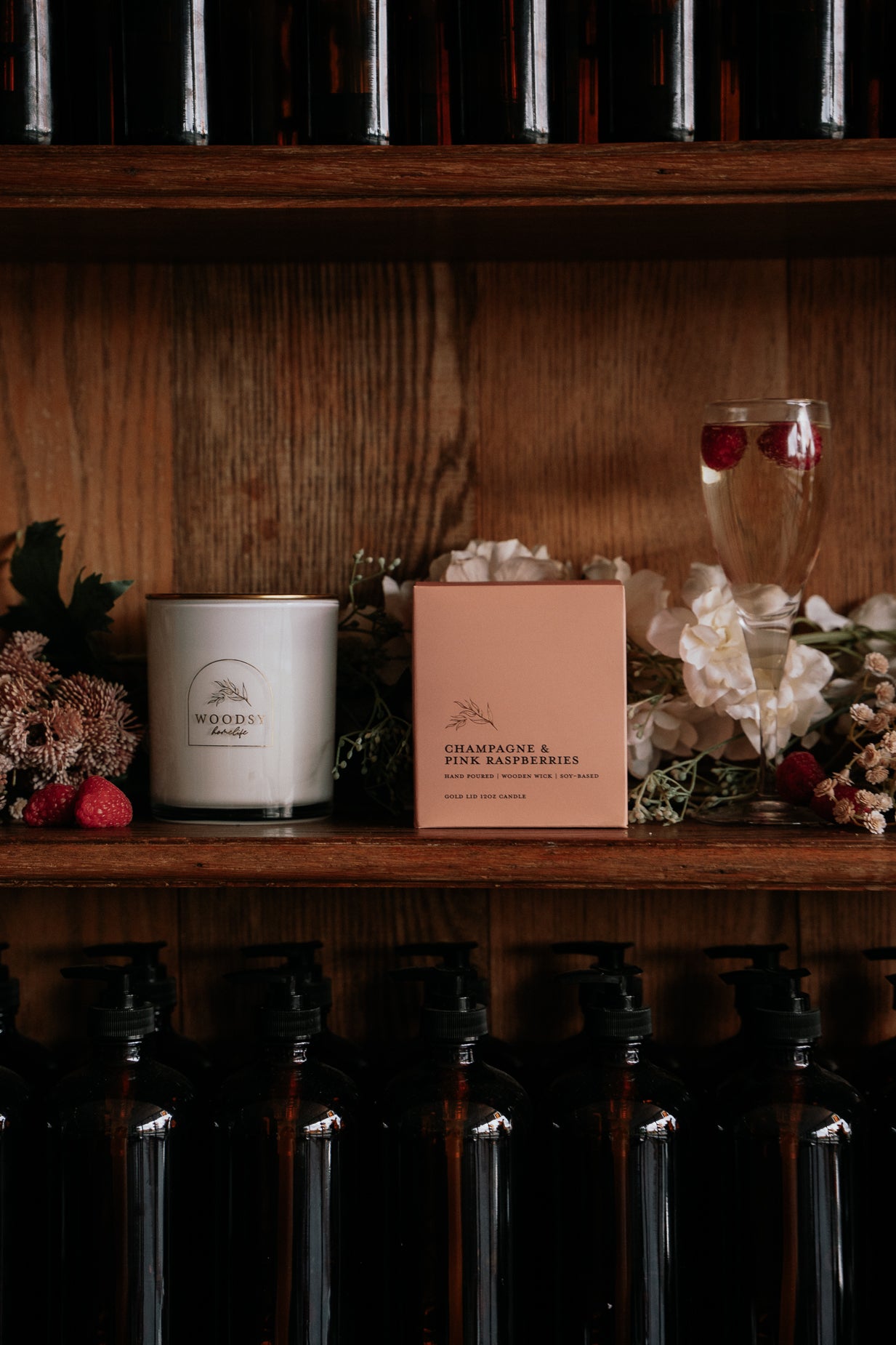 Champagne & Pink Raspberries l Gold Lid Candle & Boutique Box