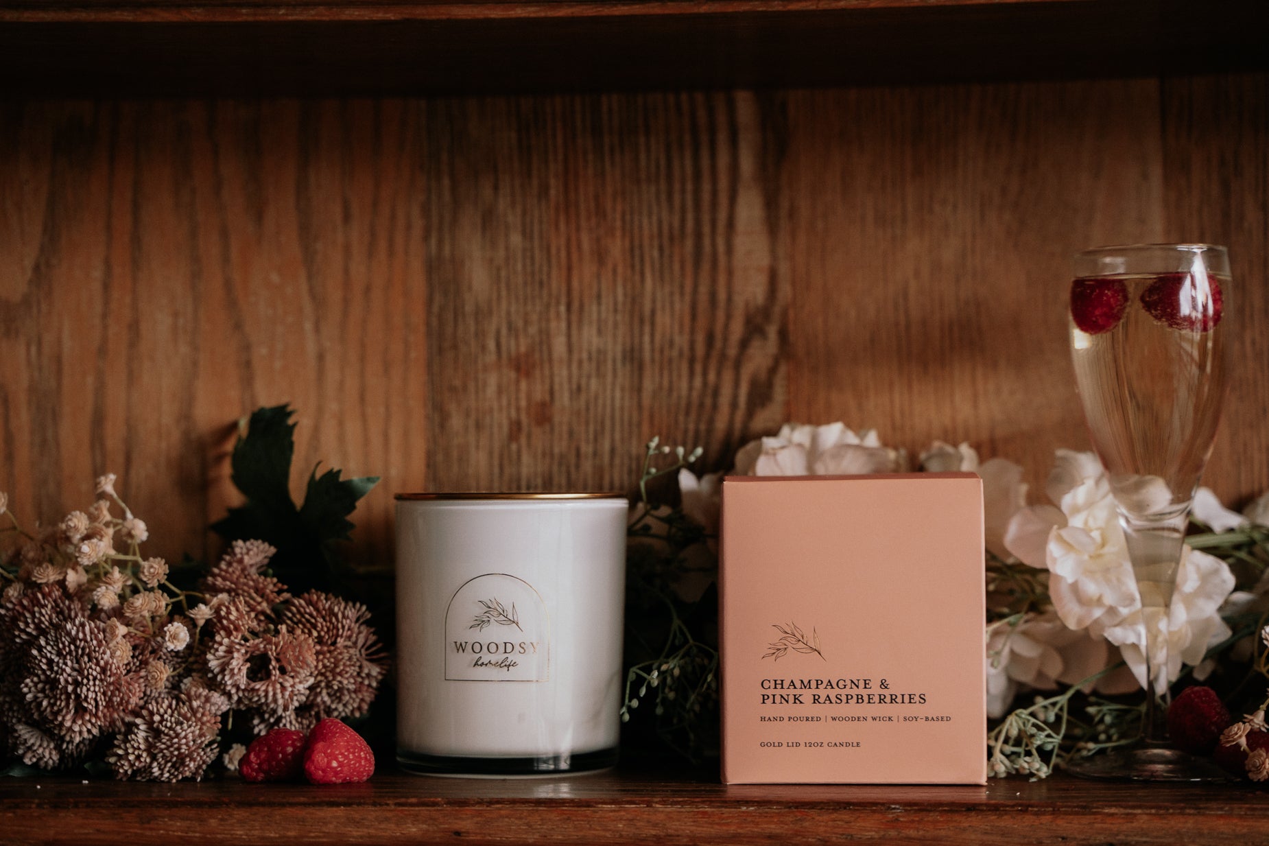 Champagne & Pink Raspberries l Gold Lid Candle & Boutique Box
