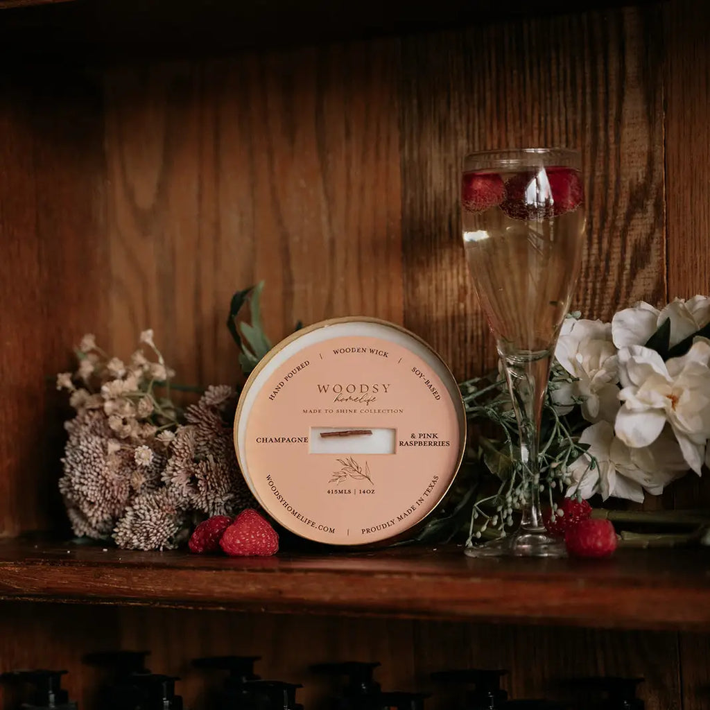 Champagne & Pink Raspberries-Solid Brass14oz Pure Soy Candle