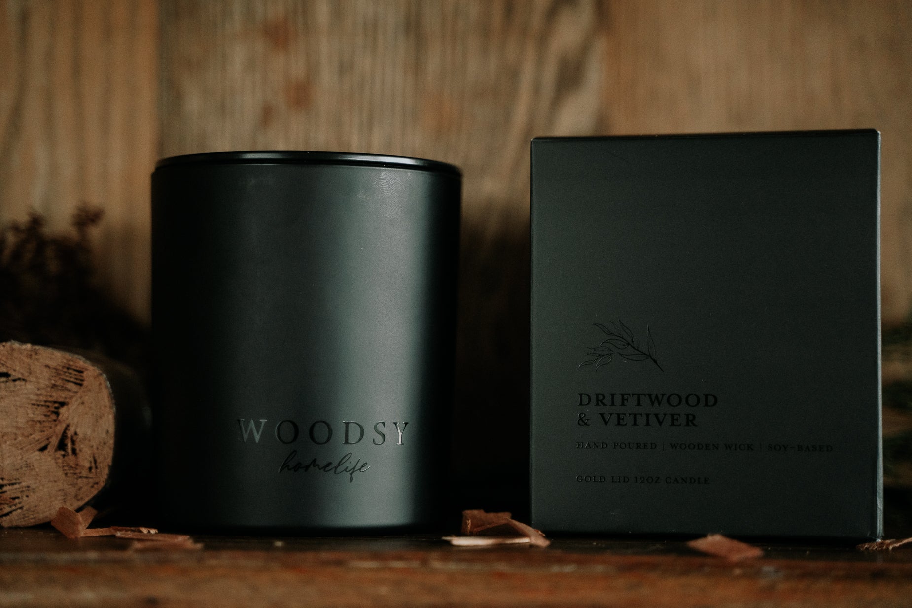 Driftwood & Vetiver -12oz | Black Lid Boxed Candle