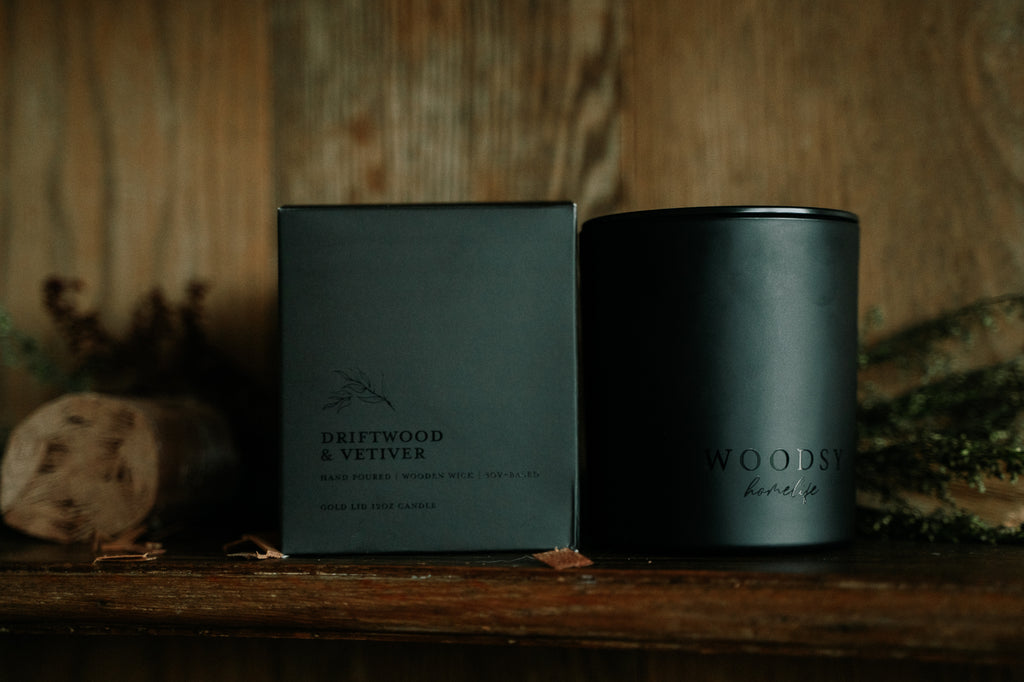 Driftwood & Vetiver -12oz | Black Lid Boxed Candle