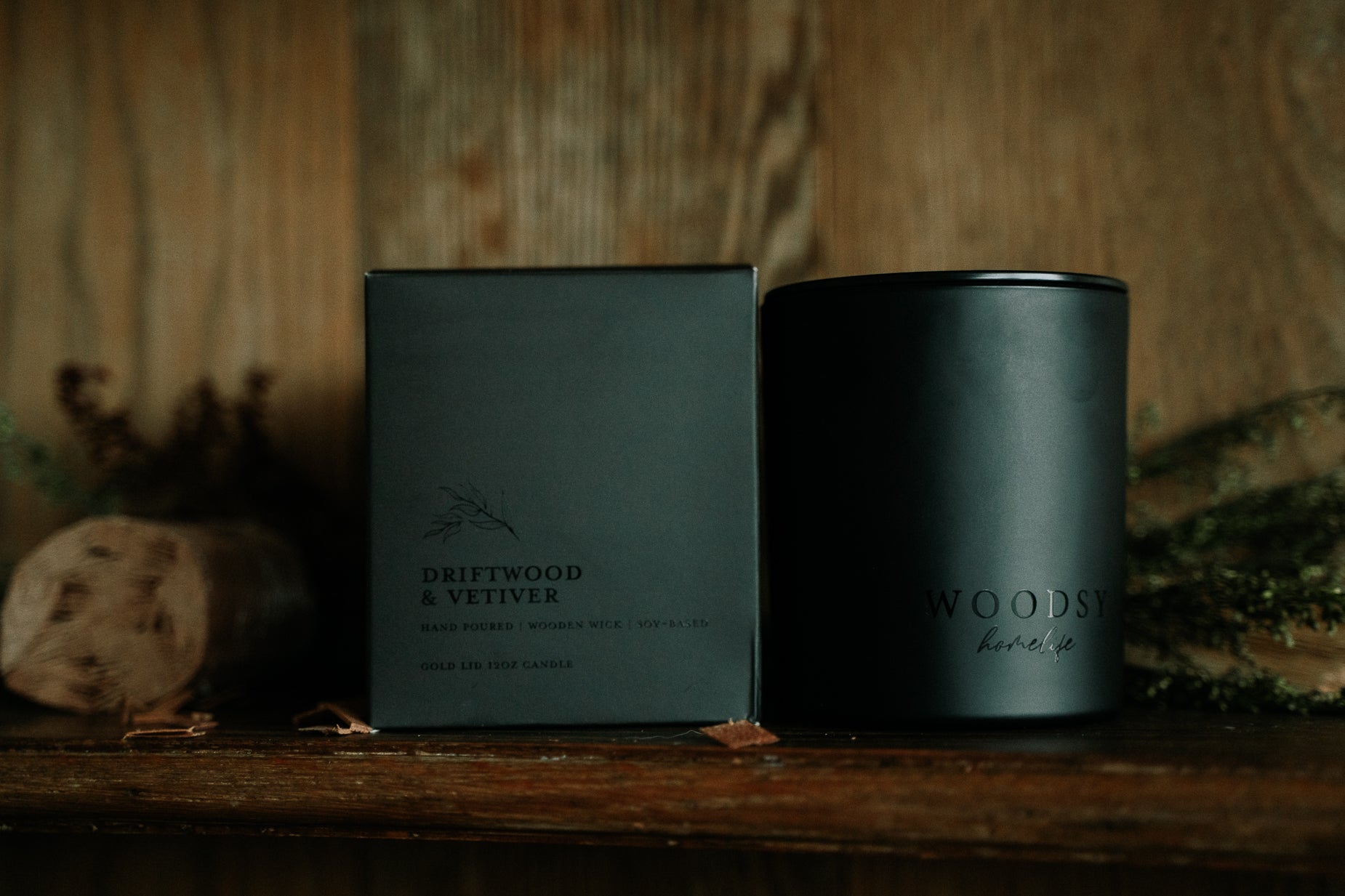 Driftwood & Vetiver -12oz | Black Lid Boxed Candle