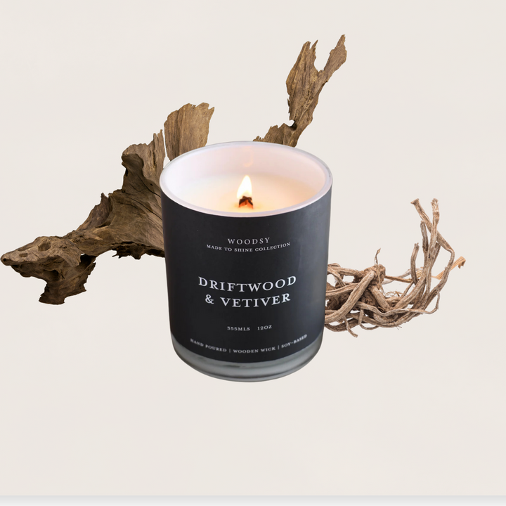 Driftwood & Vetiver |Gold Lid/ 12oz/Wooden Wick/ Pure Soy Candle