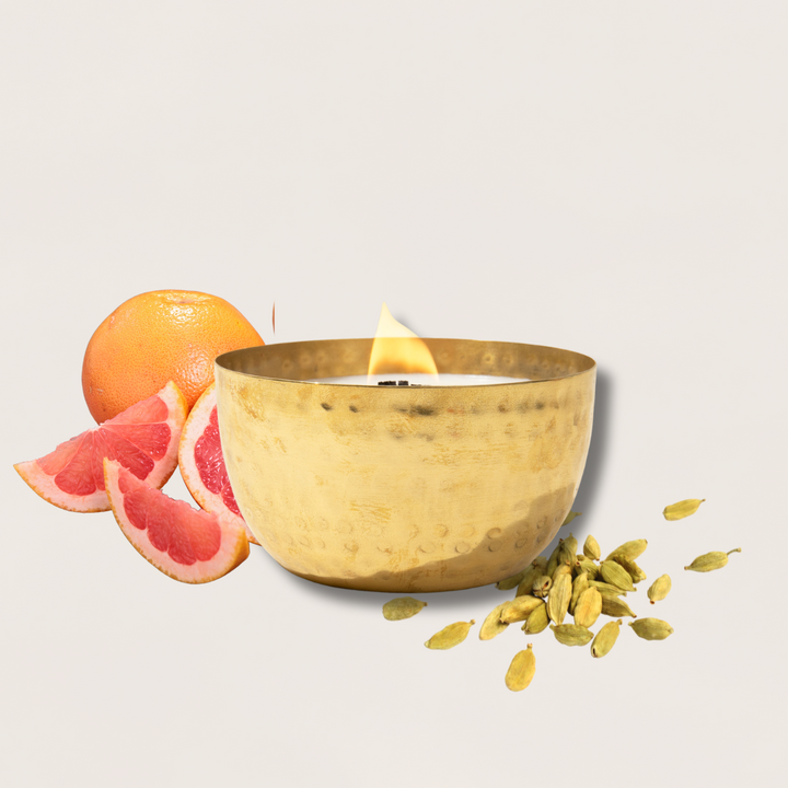 Grapefruit & Cardamom Tea /Brass Brilliance Bowl/ 14oz/Wooden Wick/ Pure Soy Candle