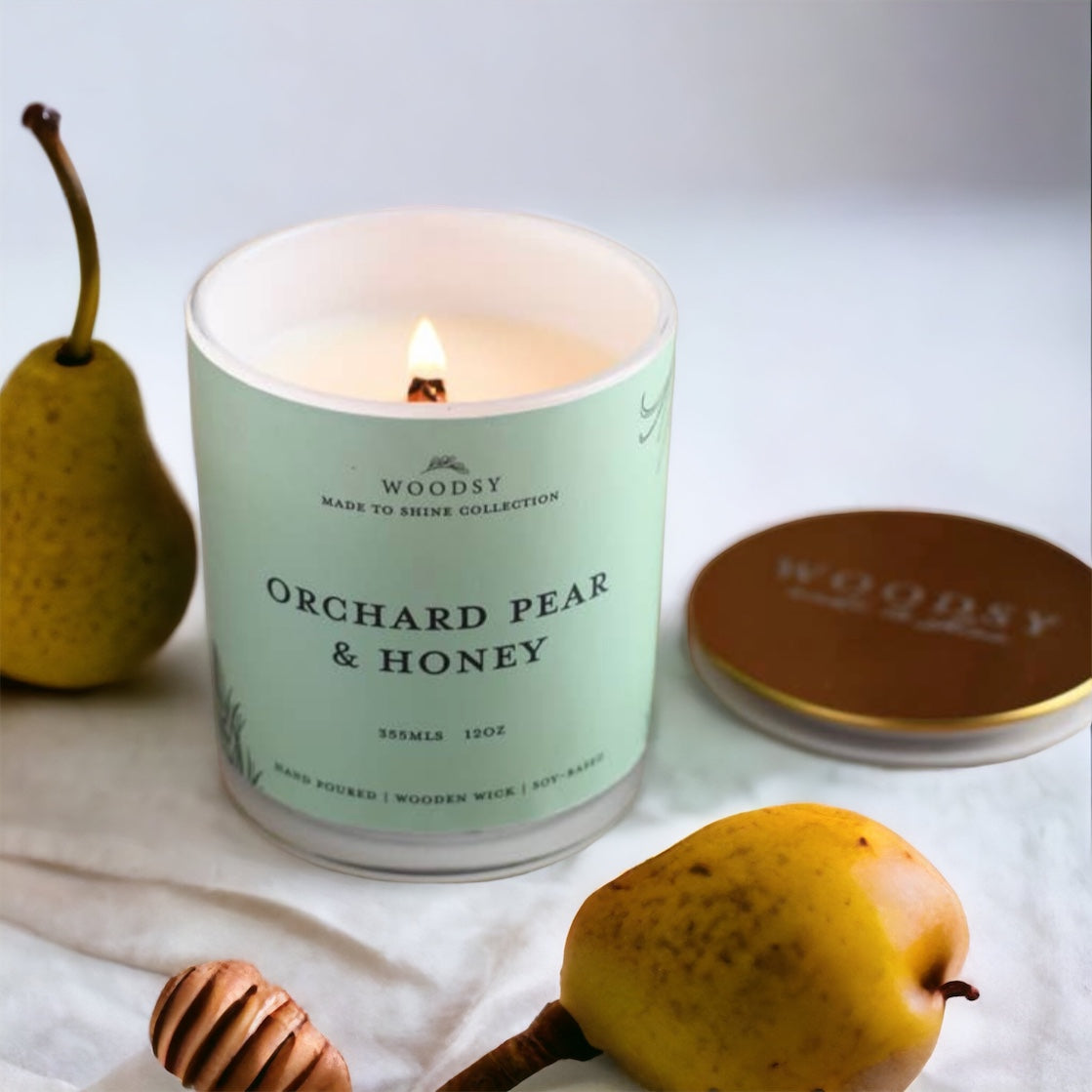 Orchard Pear & Honey/ Gold Lid Jar-12oz/ Wooden wick/ Pure Soy Candle