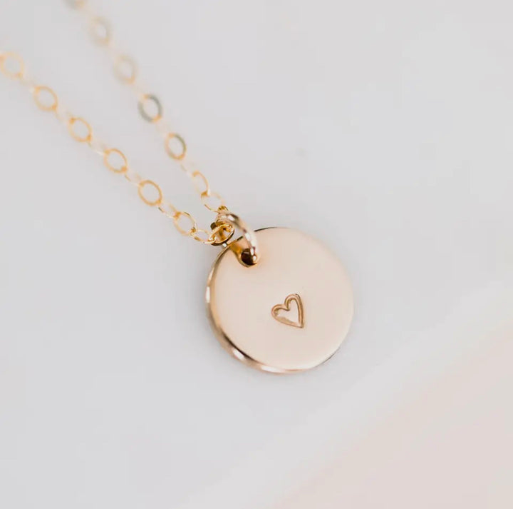 Stamped Heart Disc Necklace- 14k Gold