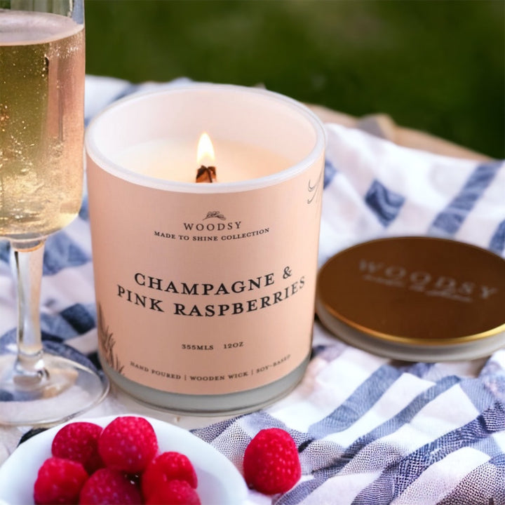 Champagne & Pink Raspberries / Gold Lid Jar-12oz/ Wooden wick/ Pure Soy Candle