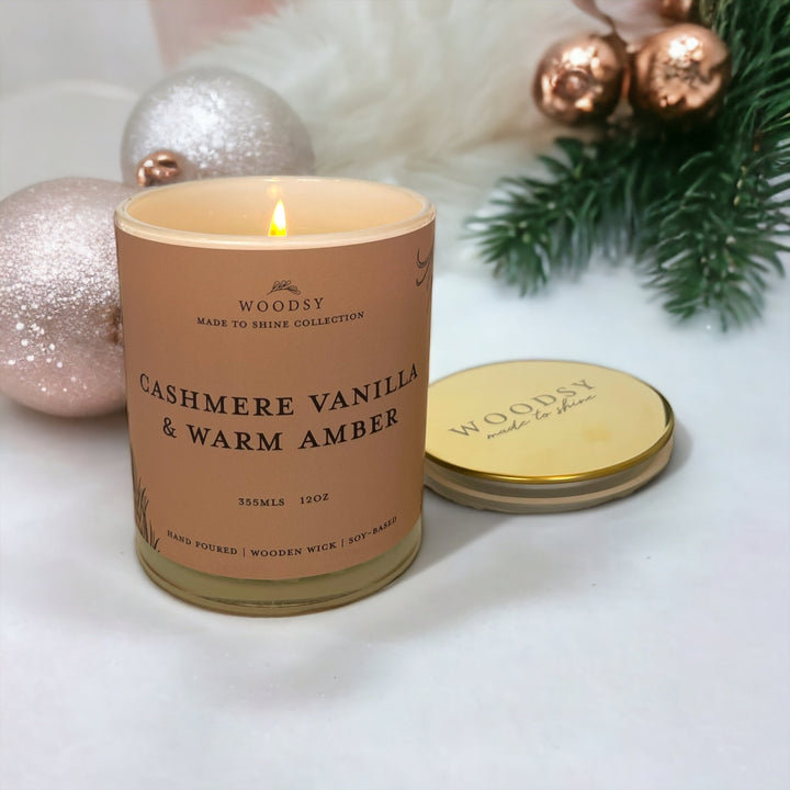 Cashmere Vanilla & Warm Amber - 12oz, Soy Candle Wooden Wick