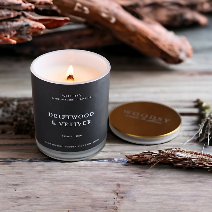 Driftwood & Vetiver |Gold Lid/ 12oz/Wooden Wick/ Pure Soy Candle