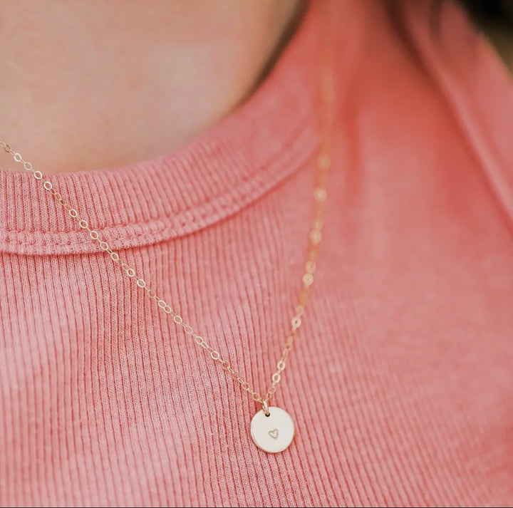 Stamped Heart Disc Necklace- 14k Gold