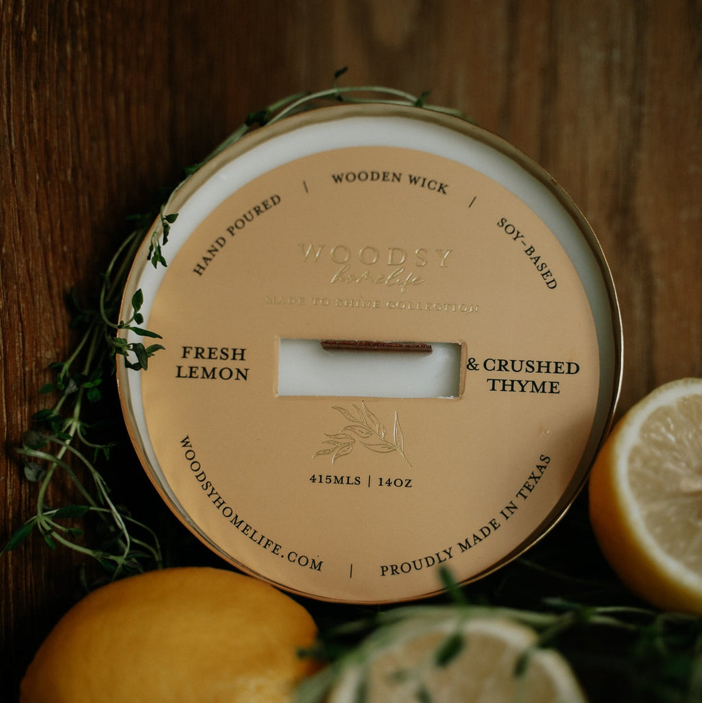 Fresh Lemon & Crushed Thyme   l  Solid Brass 14oz Soy Candle