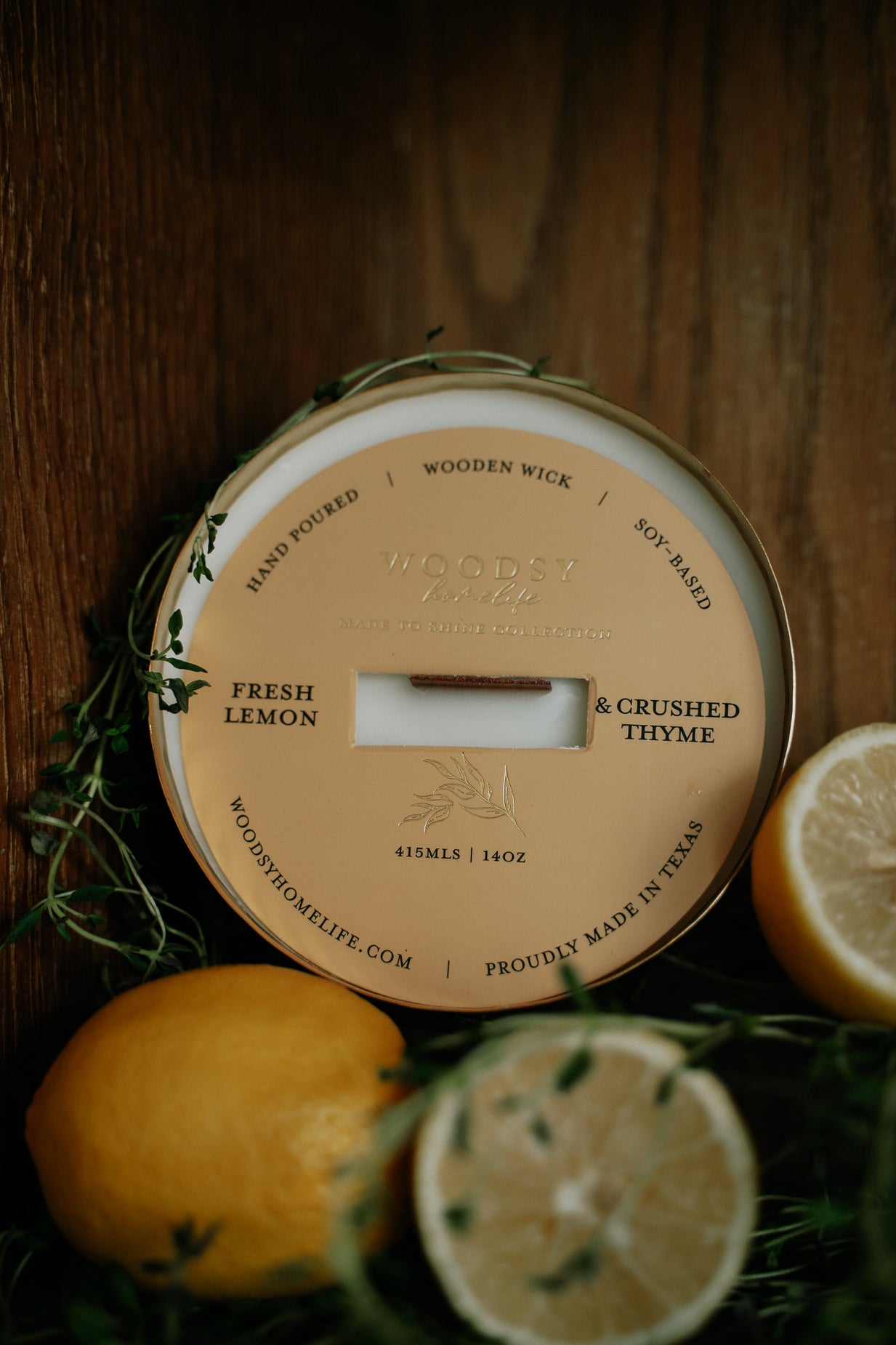 Fresh Lemon & Crushed Thyme   l  Solid Brass 14oz Soy Candle
