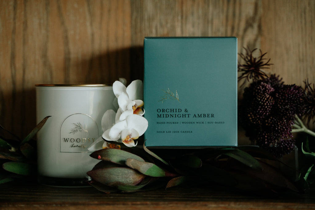 Orchid & Midnight Amber | Gold Lid & Boutique Box 12oz Candle