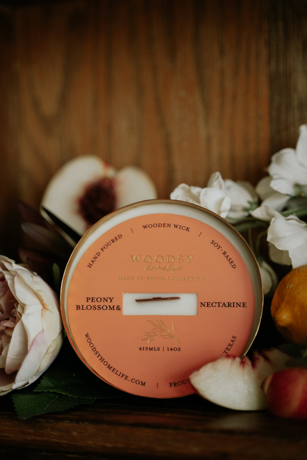 Peony Blossoms & Nectarine  l  Solid Brass 14oz Soy Candle