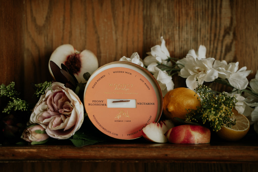 Peony Blossoms & Nectarine  l  Solid Brass 14oz Soy Candle