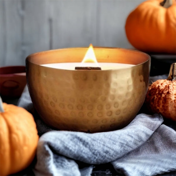 Pumpkin & Persimmon | Brass Brilliance Bowl |  14oz, Wooden Wick Soy Candle