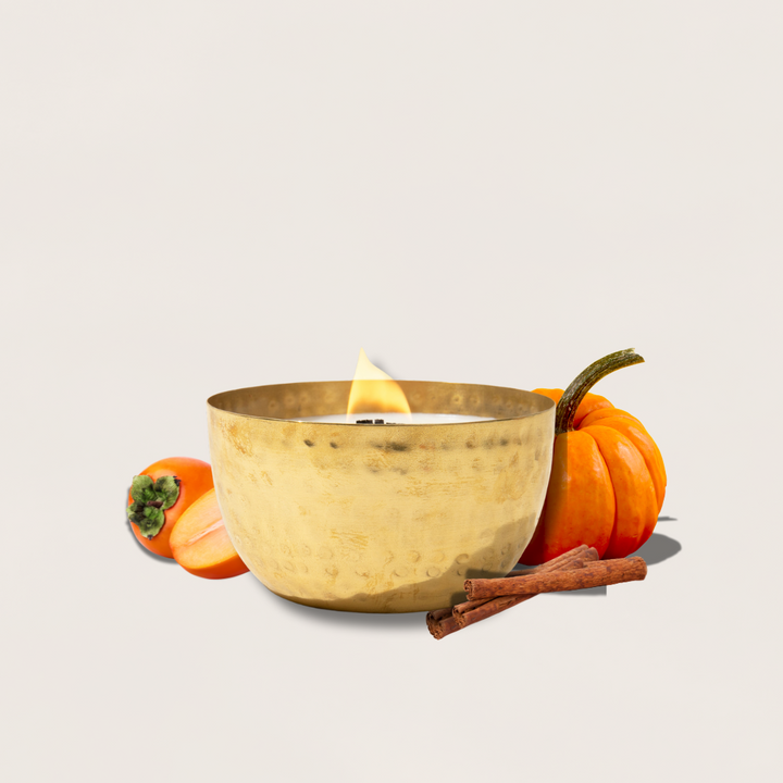 Pumpkin & Persimmon | Brass Brilliance Bowl |  14oz, Wooden Wick Soy Candle