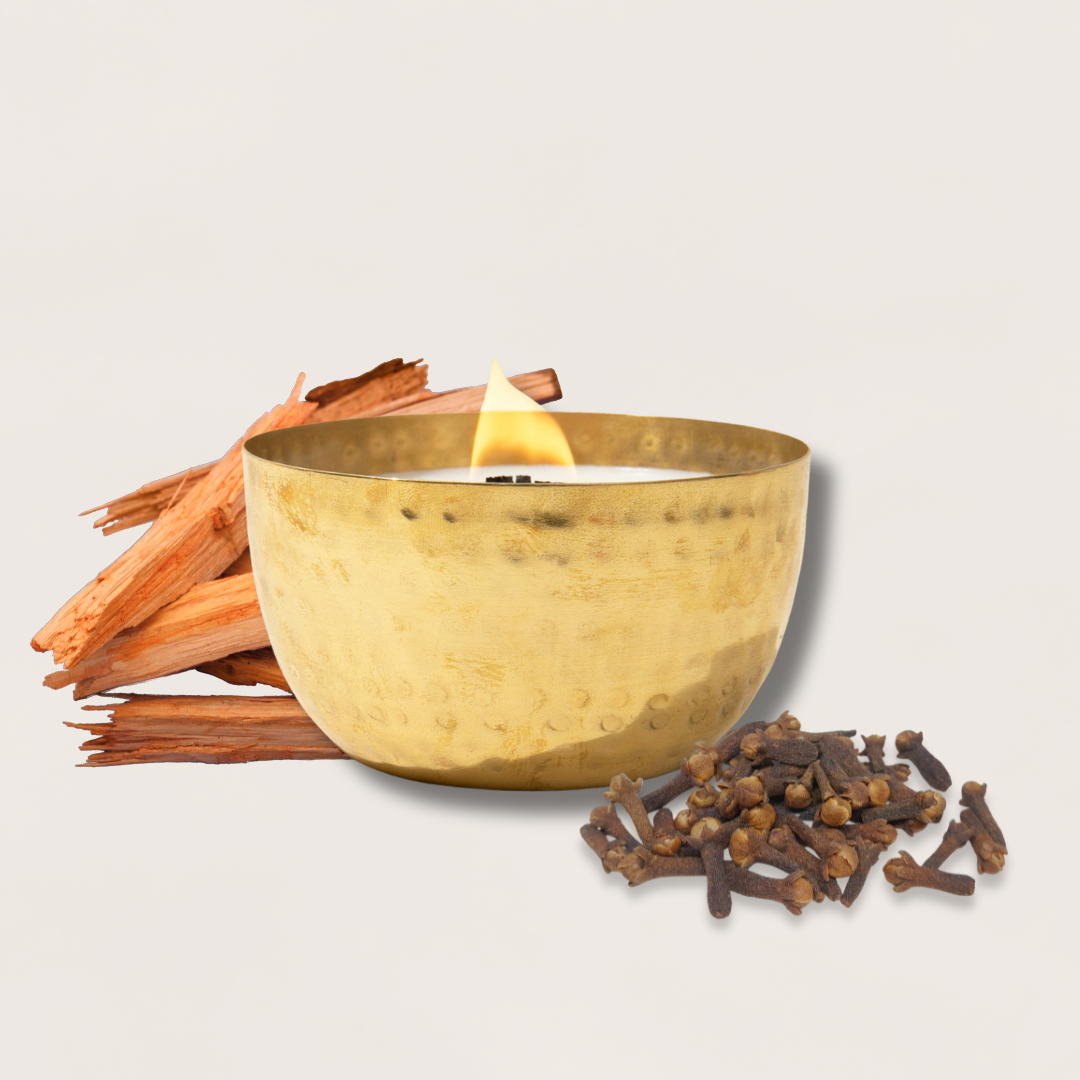 Sandalwood & Clove/Brass Brilliance Bowl/ 14oz/Wooden Wick/ Pure Soy Candle