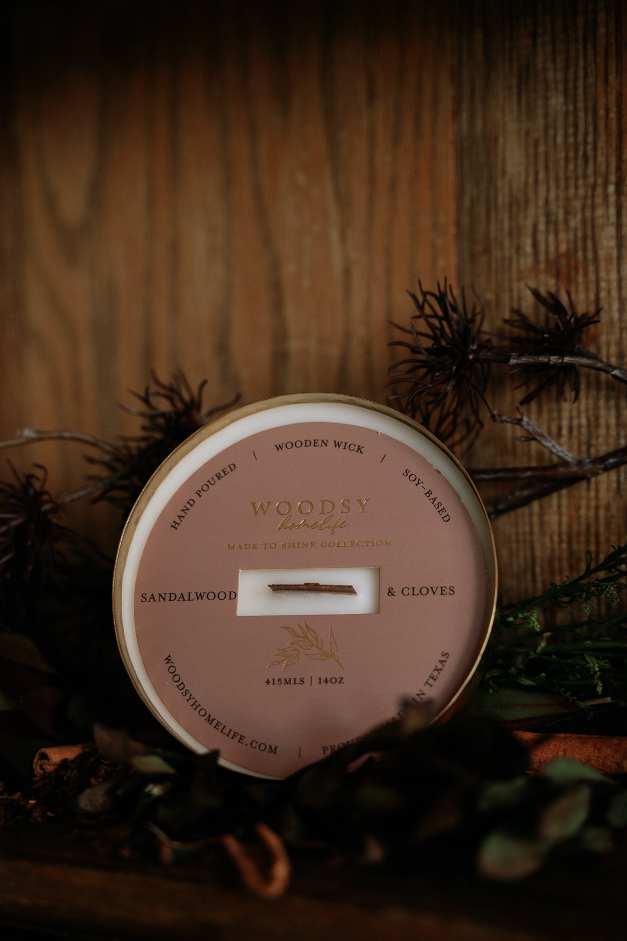 Sandalwood & Cloves  l  Solid Brass 14oz Soy Candle