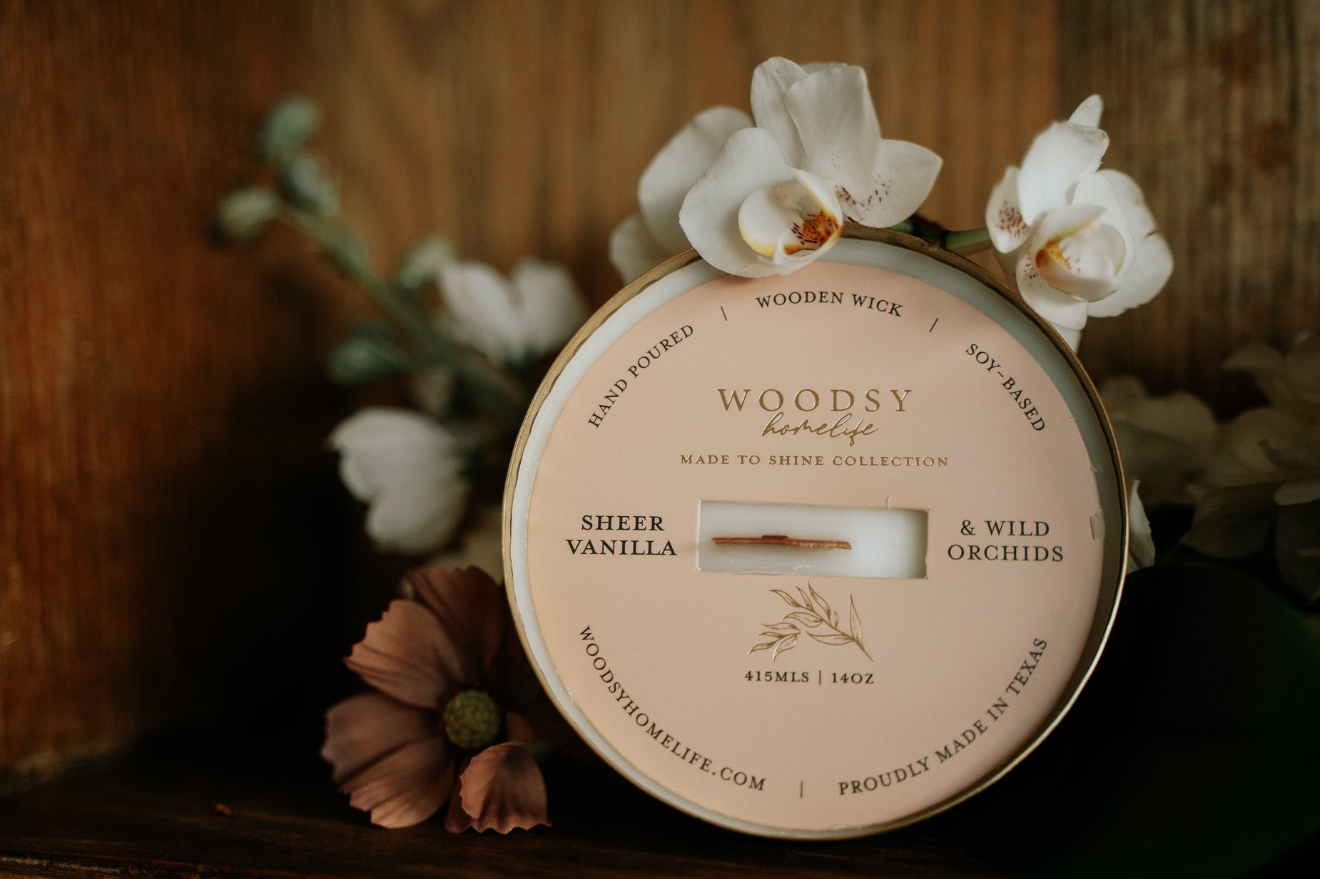 Sheer Vanilla & Wild Orchid  l  Solid Brass 14oz Soy Candle