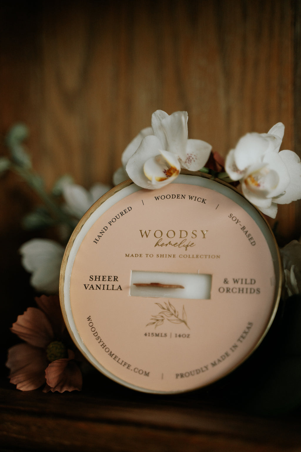 Sheer Vanilla & Wild Orchid  l  Solid Brass 14oz Soy Candle