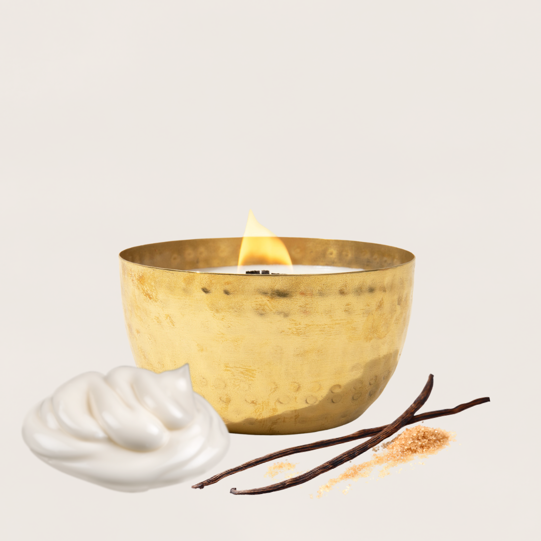 Vanilla Bean & Buttercream/Brass Brilliance Bowl/ 14oz/Wooden Wick/ Pure Soy Candle