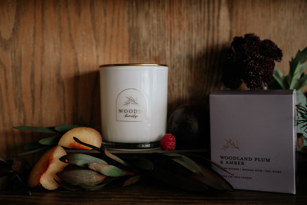 Woodland Plum & Amber - 12oz | Wooden Wick Soy Candle with Gold Lid