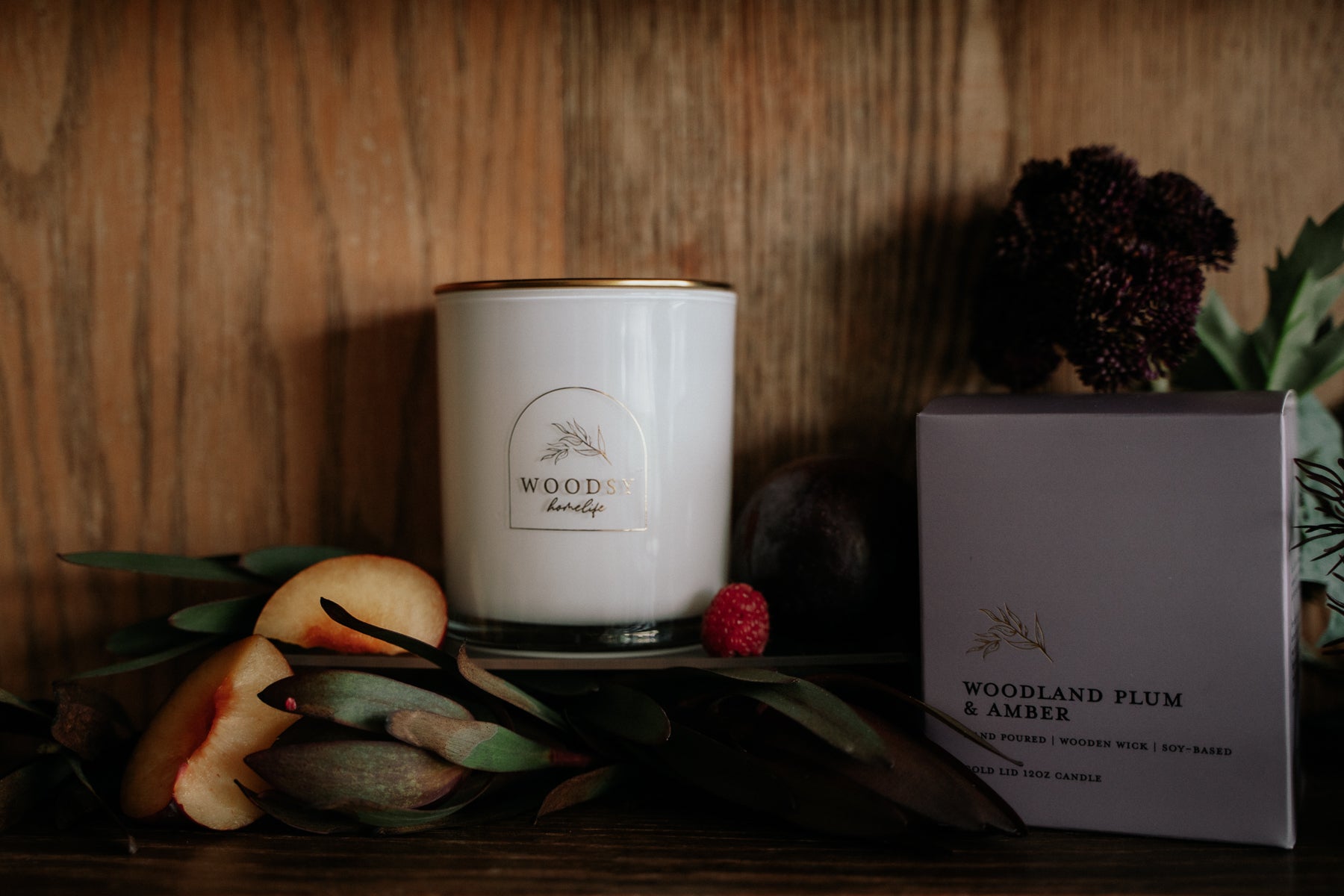 Woodland Plum & Amber - 12oz | Wooden Wick Soy Candle with Gold Lid