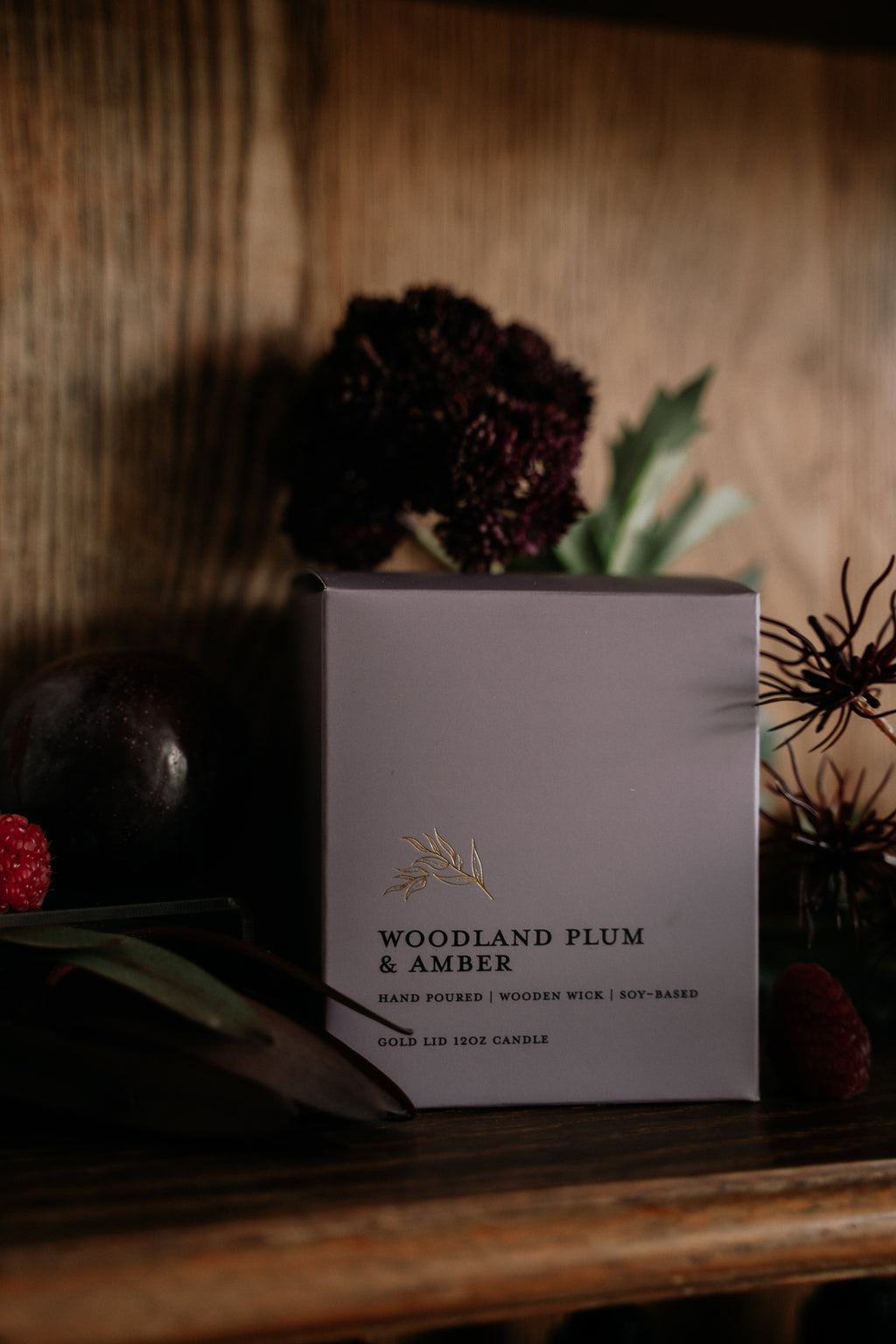 Woodland Plum & Amber - 12oz | Wooden Wick Soy Candle with Gold Lid
