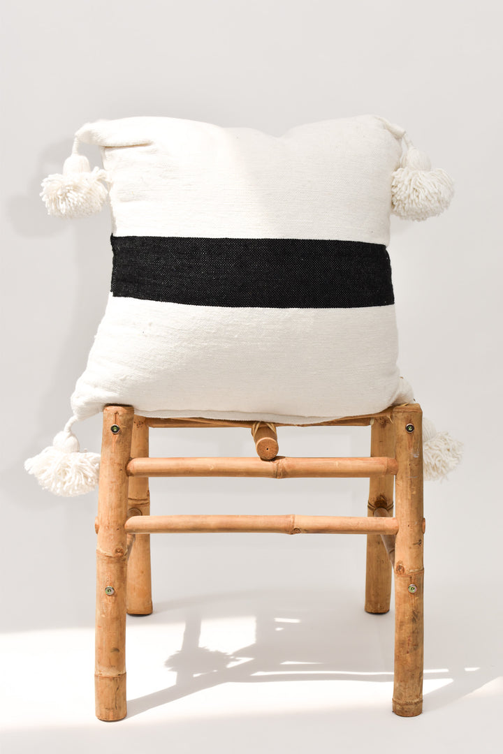 Handwoven Pom Pillow - White Pom with Single Black Stripe