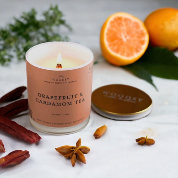 Grapefruit & Cardamom Tea - Gold Lid Wooden Wick NonToxic Soy Candle