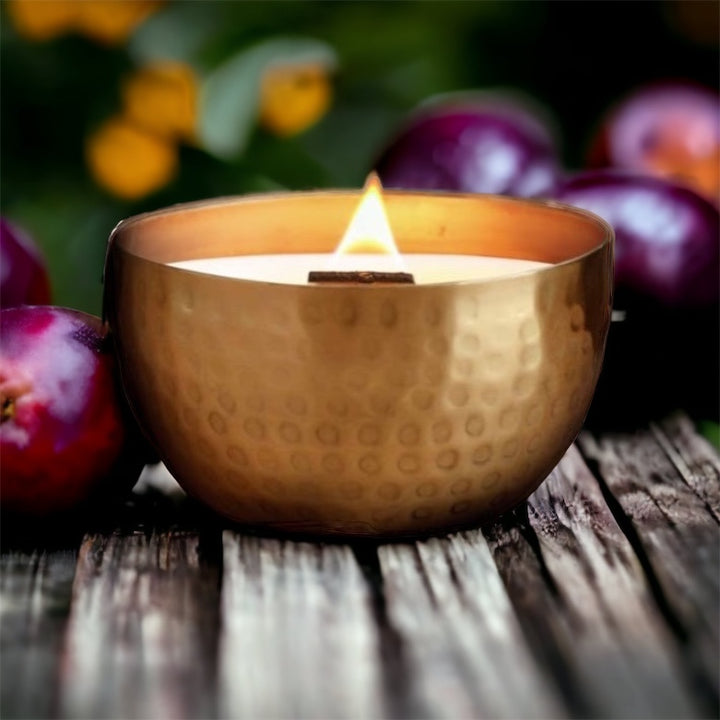 Woodland Plum & Amber/Brass Brilliance Bowl/ 14oz/Wooden Wick/ Pure Soy Candle