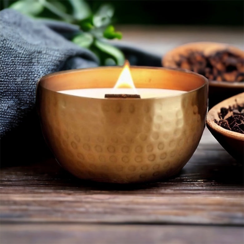 White Tea & Tobacco /Brass Brilliance Bowl/ 14oz/Wooden Wick/ Pure Soy Candle