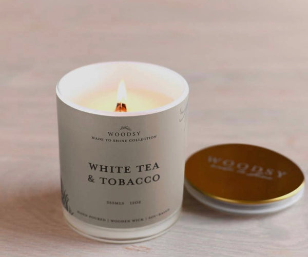 White Tea & Tobacco -Gold Lid Jar /12oz/WoodWick/Toxin Free