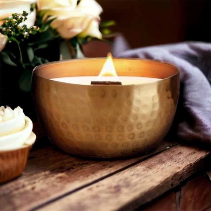 Vanilla Bean & Buttercream/Brass Brilliance Bowl/ 14oz/Wooden Wick/ Pure Soy Candle