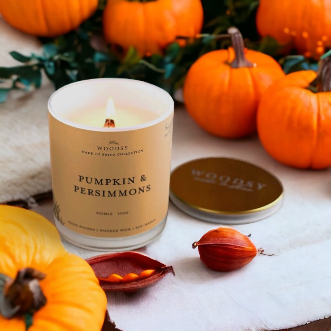 Pumpkin & Persimmons |12 oz, Gold Lid Soy Candle, Wooden Wick