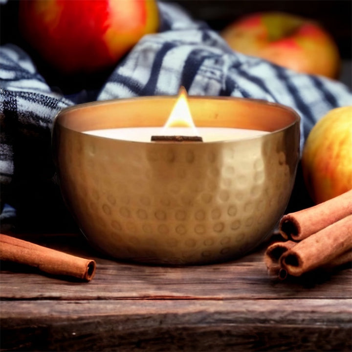 Honeycrisp Cider & Cinnamon/Brass Brilliance Bowl/ 14oz/Wooden Wick/ Pure Soy Candle