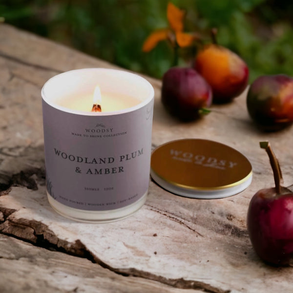 Woodland Plum & Amber - Gold Lid Jar Candle/Toxin Free / Soy/ Wooden Wick