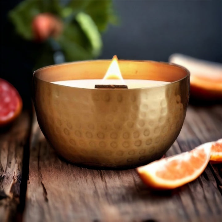Cardamom Tea & Grapefruit/Brass Brilliance Bowl/ 14oz/Wooden Wick/ Pure Soy Candle